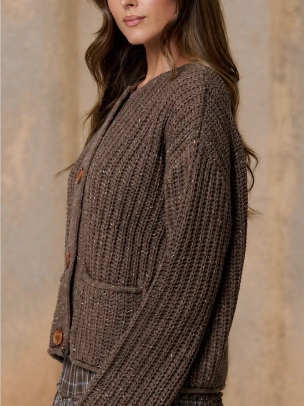 New Fall Trend Marled Button Down Raw Edge Chunky Knit Cardigan - Picture 5 of 7